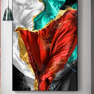 May include: Abstract art print featuring a red, white, and teal design with gold accents. The design resembles flowing fabric with a black background.