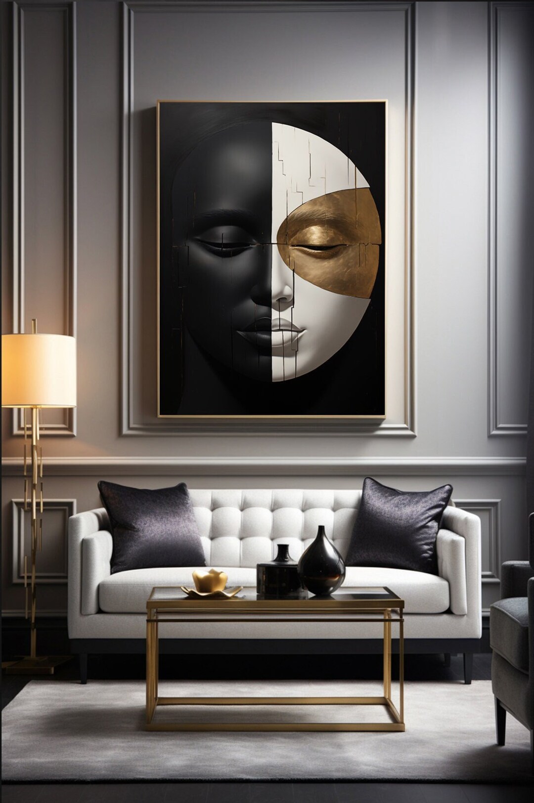 Painting of Black and White Face, Symmetrical Compositions, Futuristic ...