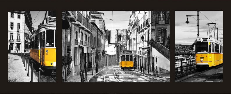 K&ouml;nnte beinhalten: Ein Triptychon-Druck mit drei Szenen aus Lissabon, Portugal, mit gelben Stra&szlig;enbahnen vor schwarz-wei&szlig;en Stadtlandschaften. Die Stra&szlig;enbahnen sind der Mittelpunkt, mit Details von Geb&auml;uden und Stra&szlig;en.
