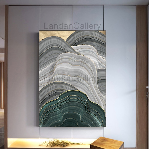 Póster de mármol moderno abstracto imprimible, cuadro de pared de lujo para sala de estar, lámina de oro verde gris, anillo anual, lienzo, lugar de arte, Tableau