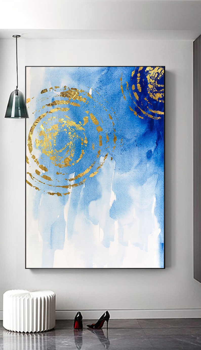 Abstract Gold Foil Ripple Blue Background Wall Art Home Etsy