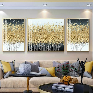 Printable Golden Tree Abstract Painting, Falling leafs extra large framed wall art, Oil painting on canvas, aesthetic Acrylic Landscape art