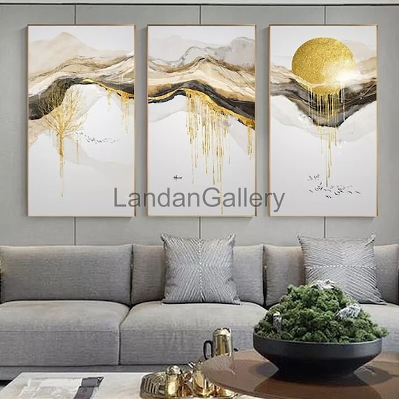 Peinture Abstraite Dorée Sur Toile - Décoration Murale Moderne Non Encadrée