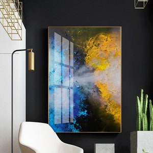 Abstract colorful printable wall art ,Blue, black, gold and yellow, mixed color,  vintage decorative painting, instant download digital art