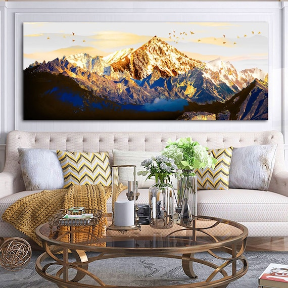 Extra Large Size Wall Art, Abstract Golden Mountain Bird Landscape