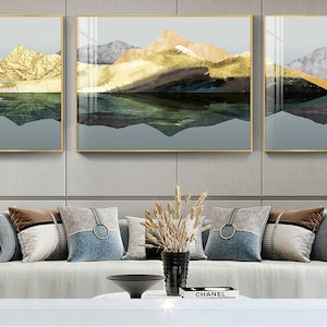 Nordic Golden Mountain Abstract Landscape Art Life Posters And Prints, Set of 3, Wall Art Canvas Paintings Pictures Living Room Home Decor