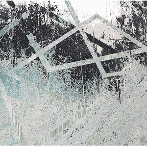 May include: Abstract art print with a distressed, textured background in shades of grey and blue. The print features a geometric pattern of overlapping lines and shapes.