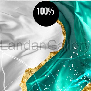 May include: Abstract art print featuring a white, teal, and gold design. The print has a modern and contemporary style. The text "100%" is visible in the image.