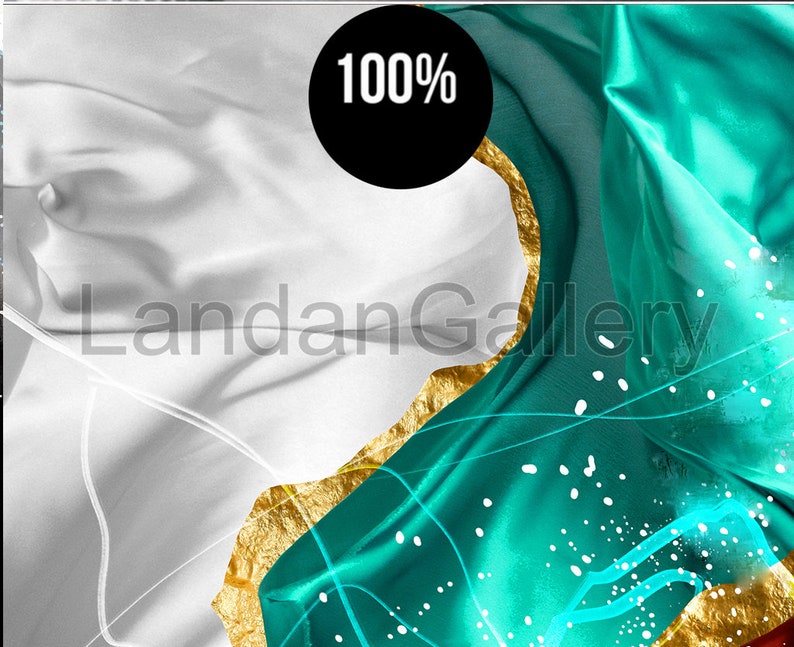 May include: Abstract art print featuring a white, teal, and gold design. The print has a modern and contemporary style. The text "100%" is visible in the image.