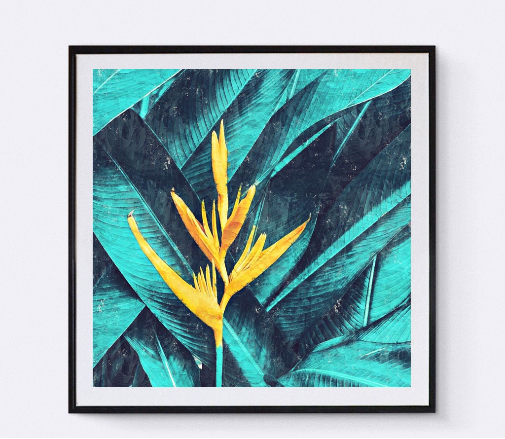 抽象的な植物の花のアート、緑の葉、油絵の印刷、正方形のアートワーク