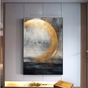 gold moon painting with a splash of water, in the style of dark gray and light gray, light gray and dark gold, layered and textured surfaces