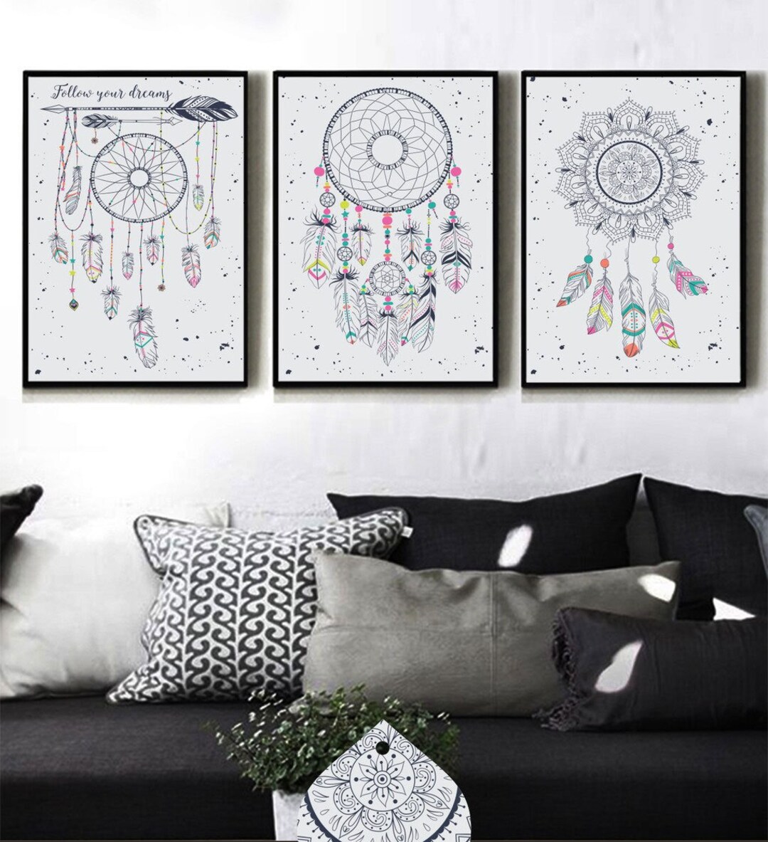 Three Set of Dream Catcher Prints, Dreamcatcher Wall Art, Feather Wall