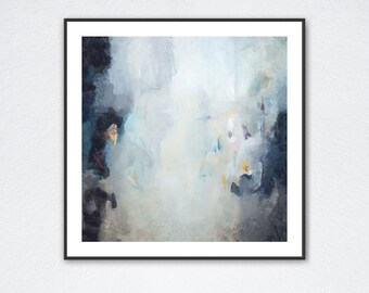 May include: Abstract painting with shades of blue, gray, and white. The painting has a soft, ethereal feel and is perfect for adding a touch of modern art to any space.