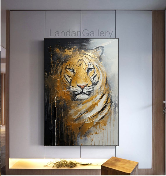 The Tiger Painting With Gold Spray Paint, in the Style of Trapped