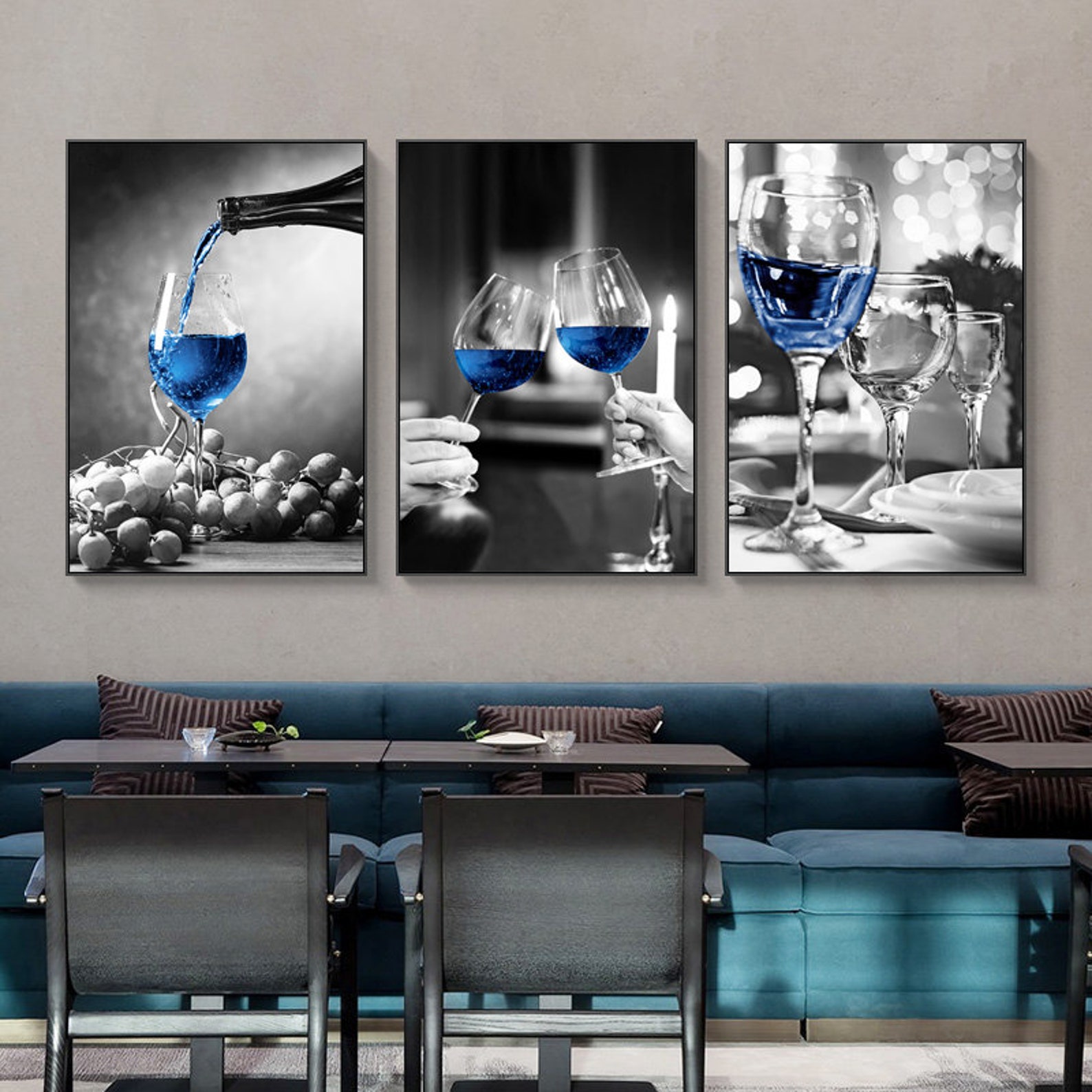 3 Pieces Wine Glass Wall Art Printable Black White & Blue Etsy