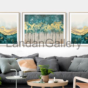 3 sets of Printable Abstract Wall Art Heavy Textured Hand Painted Gold Foil Artwork, Luxury green wall decor, green leaf luxury style