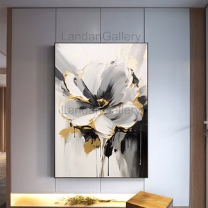 a painting with white and gold flowers on canvas, in the style of textured expressions, high contrast black and white, golden hues