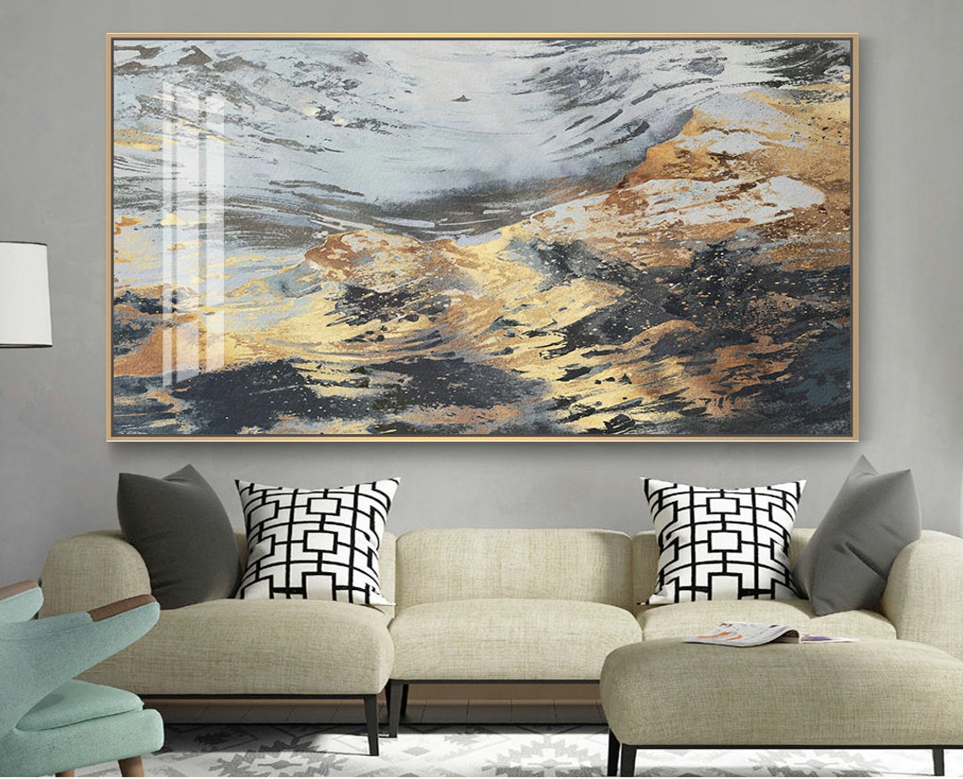 Glitter Gold Fluid Painting, Black and Gold Long Horizontal Wall Art ...