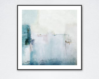 May include: Abstract painting with a blue, white, and gray color scheme. The painting features a series of horizontal and vertical lines, creating a sense of depth and movement.