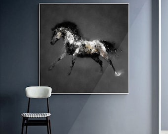 Arte moderno del caballo, arte del lienzo del retrato del caballo, arte de la pared del caballo, arte de la pared cuadrada, pintura del caballo blanco y negro, arte animal, arte del caballo del lienzo grande