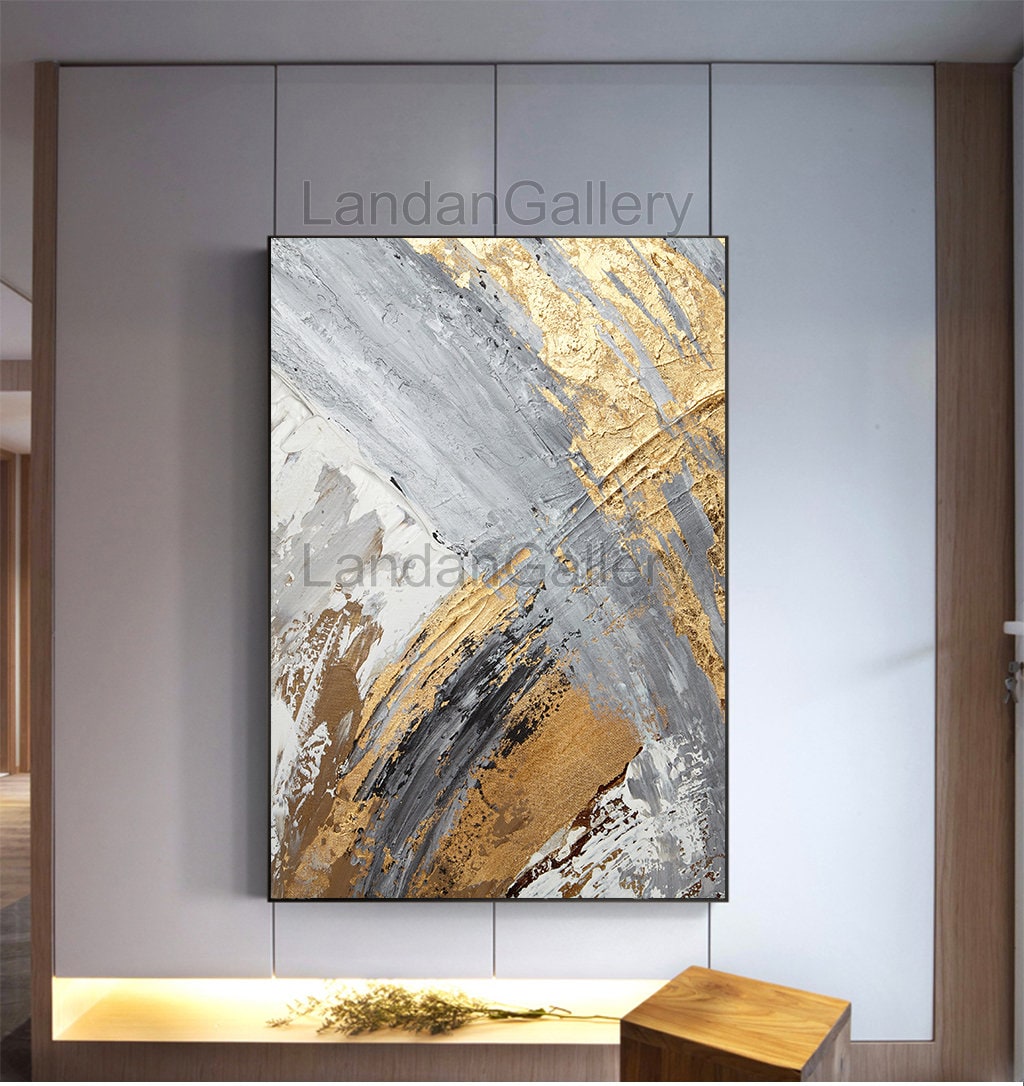 Gold Foil Oil Painting Abstract Golden Grey Colors Oil Etsy