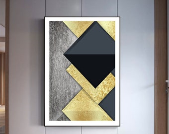 Geometric art print, digital printable, instant download wall art, Black Gold foil Grey home decor, office art, Retro Mid Century Wall Art