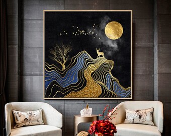 Digital Original innovative Chinese Art, Black background wall art, creative golden line, tree elk crystal porcelain decorative painting