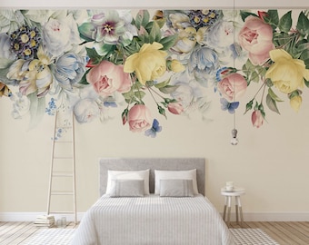 Floral wallpaper, Large wall art printable, Nursery wallpaper Peel and stick wallpaper, Dusty peony, Flowers art, Floral wall art, Peonies