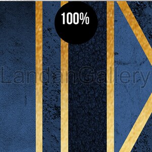 May include: Abstract geometric design with gold lines on a dark blue background. The design features a series of vertical and diagonal lines, creating a modern and stylish look. The text "100%" is displayed in a black circle.