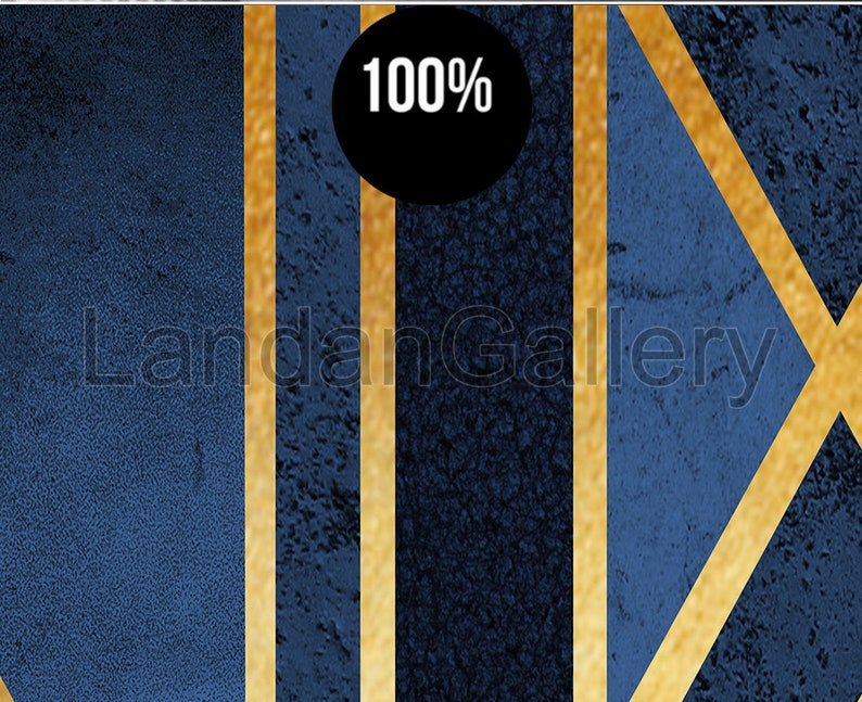 May include: Abstract geometric design with gold lines on a dark blue background. The design features a series of vertical and diagonal lines, creating a modern and stylish look. The text "100%" is displayed in a black circle.