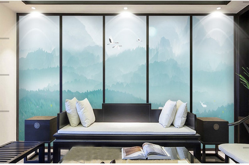 Original light blue Chinese ink landscape wallpaper home | Etsy