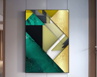 May include: Abstract geometric art print with a green, gold, and black color scheme. The print features a variety of shapes and patterns, including triangles, squares, and rectangles.
