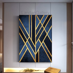 May include: Abstract geometric art print with a navy blue background and gold lines. The lines create a pattern of squares and triangles.