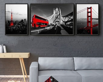 Modern City Serie, 3er-Set Golden Gate Bridge, Wandkunst, Foto, San Francisco Schwarz und Weiß zum Ausdrucken, Triptychon, Innendekoration