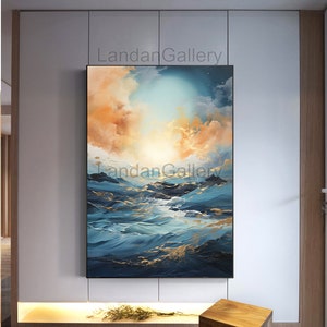 Golden Canvas Art Print, Abstract Sea Essence, Silver Brushwork, Dark Aqua Highlights, Oil Painting Style