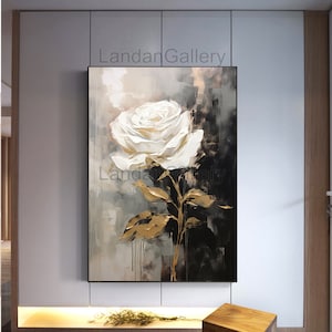 Trendy Canvas Art, Abstract Floral Canvas, White Gold Grey Palette, Dark Black and Beige Style, Digital Printable Print
