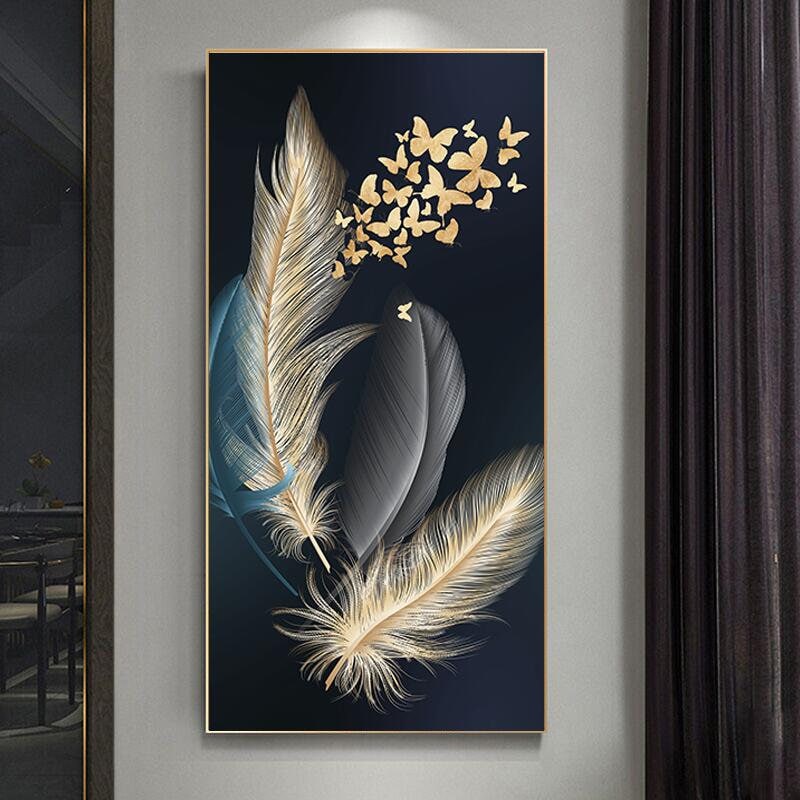 Large Golden Framed Light Luxury Golden Feather Canvas Painting Home  Decoration Abstract Wall Art Pictures Prints Artwork 100x140cm/39x55inch