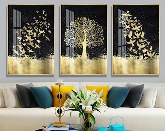 Set of 3 luxury wall art printable, Black gold printable artwork, family tree painting, large wall decor, office, hotel, cruise room artwork
