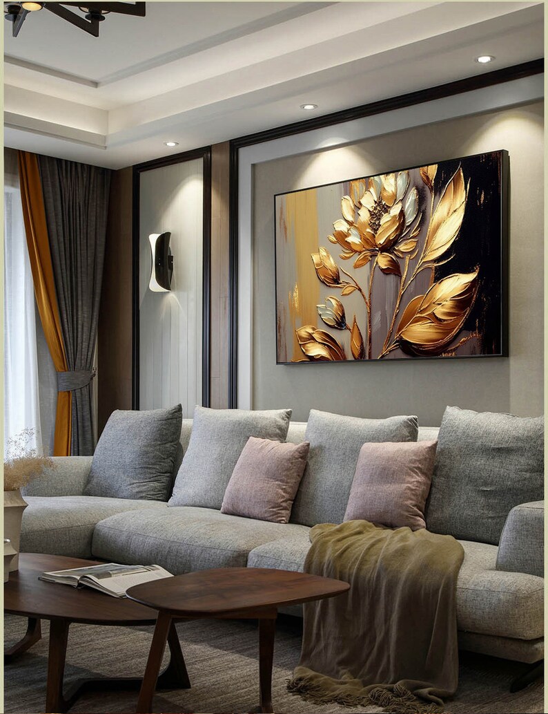 Gilded Floral Beauty: Luxurious Gold Wave Artwork for Deluxe Home ...