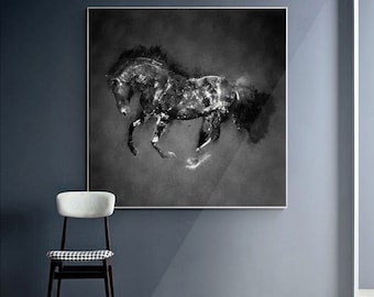 Arte de pared cuadrado, pintura de caballos en blanco y negro, arte moderno del caballo, arte del lienzo del retrato del caballo, arte de la pared del caballo, arte animal, arte del caballo del lienzo grande