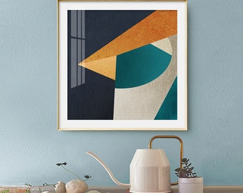 Abstract geometric wall art printable, square background, Downloadable, Artwork Large Print Living Room Minimalist Art, blue and yellow