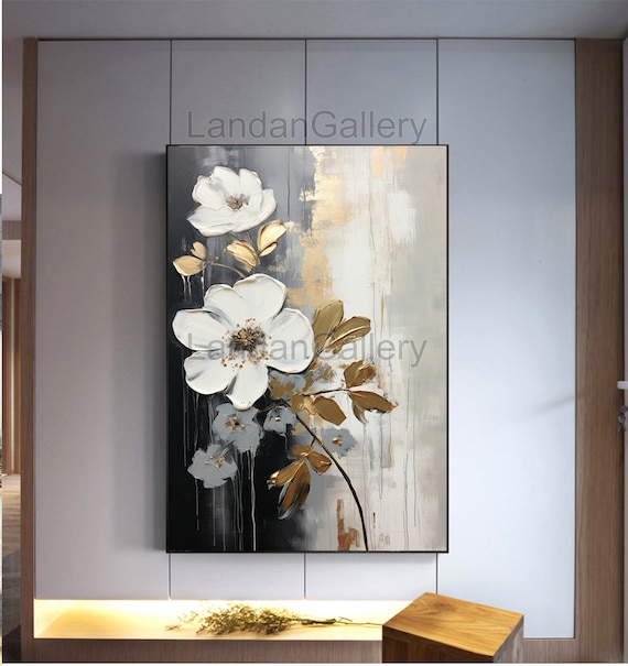 Floral Canvas Wall Painting in Gold on Black, in the Style of