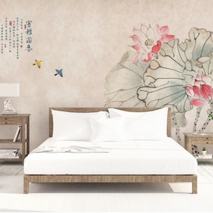 Original Hand Painted Lotus wallpaper printable, creative Chinese ink style landscape, oriental large wall art TV background wall decor,