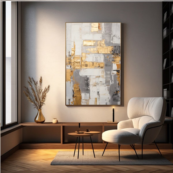 Grey canvas with gold, silver and bronze abstract art, abstract oil paint, modern art, art by LanDan, blocks, golden palette, canvas texture