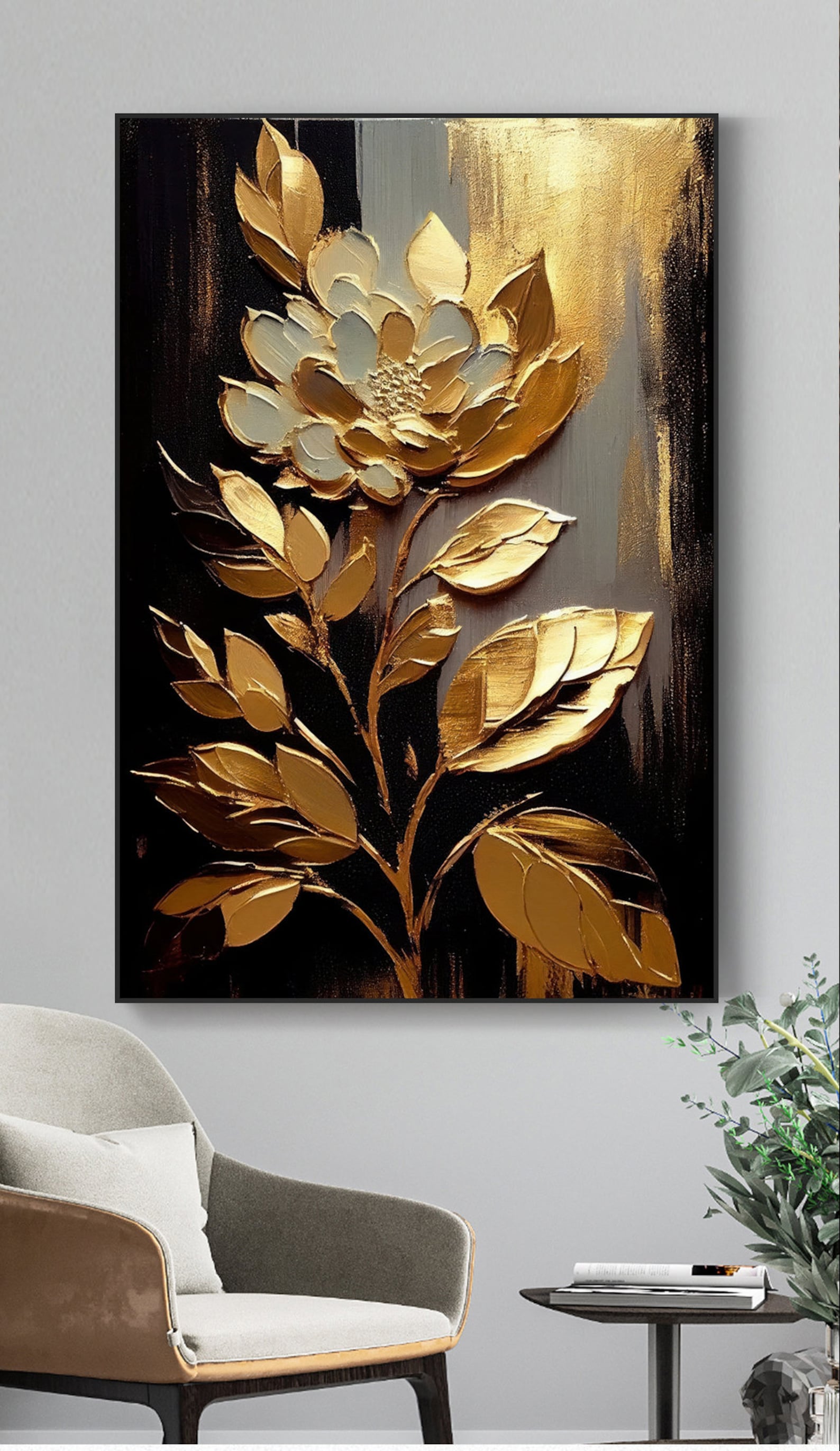 Golden Flower Wall Art Printable, Golden Petals of Luxury, Exquisite ...