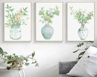 3 sets of Modern Minimalist watercolor plants printable, Nordic decorative painting, flowers with vases, Green white ,Digital Download