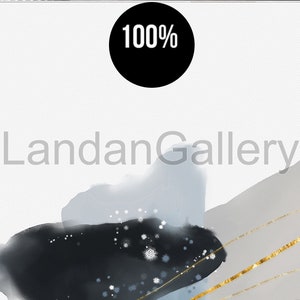 Peut inclure: Impression d'art abstrait avec des lavis d'aquarelle noirs, gris et dor&eacute;s. L'impression pr&eacute;sente un texte superpos&eacute; qui dit "LandanGallery" et "100%".