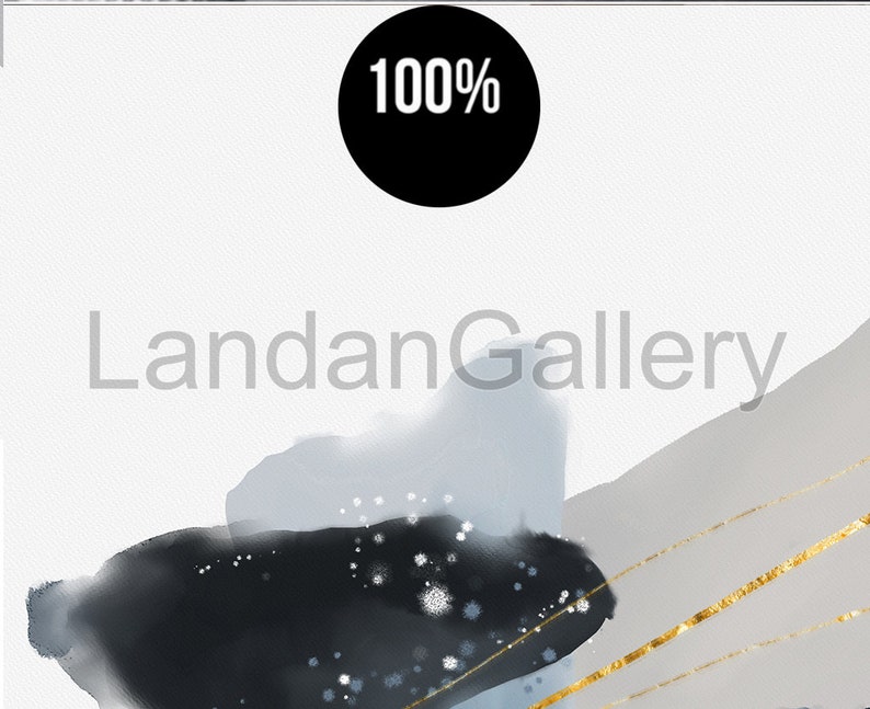 Peut inclure: Impression d'art abstrait avec des lavis d'aquarelle noirs, gris et dor&eacute;s. L'impression pr&eacute;sente un texte superpos&eacute; qui dit "LandanGallery" et "100%".