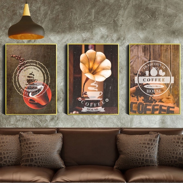 3 sets of Coffee House wall art printable, phonograph instant download, retro, vintage poster, Restaurant upscale modern decor painting