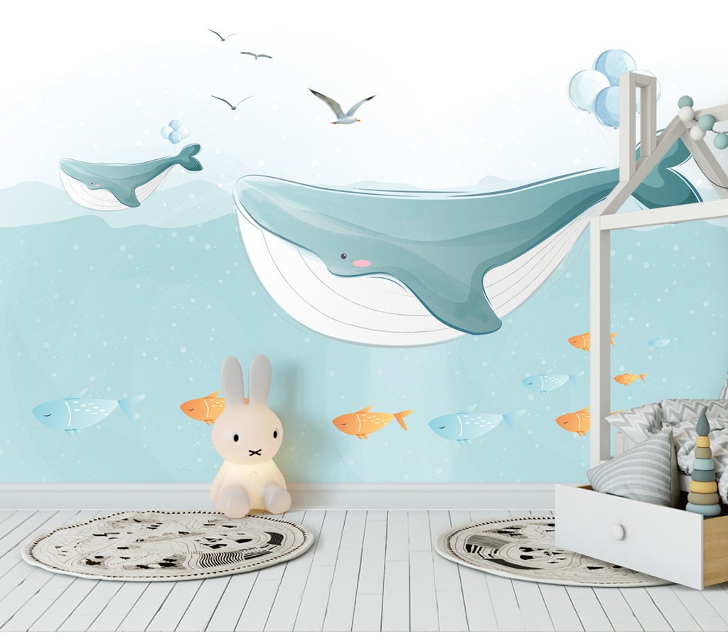 Papel pintado imprimible para habitación de bebé, 'Ballena azul', océano,  azul claro, mar, peces, paisaje marino, decoración, Ilustración de animales  caprichosos - Etsy México, image size:1024x892